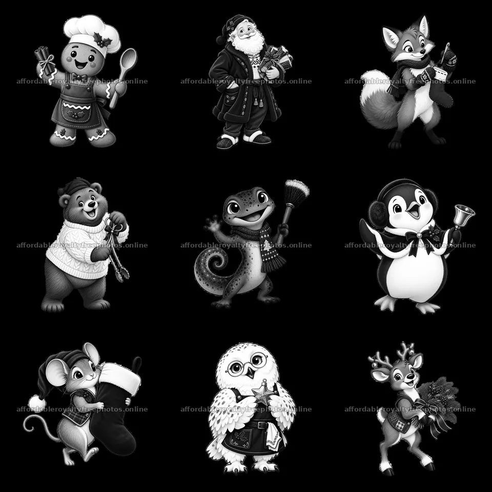 Christmas characters around a fireplace in black and – royalty-free photos 7746x7746