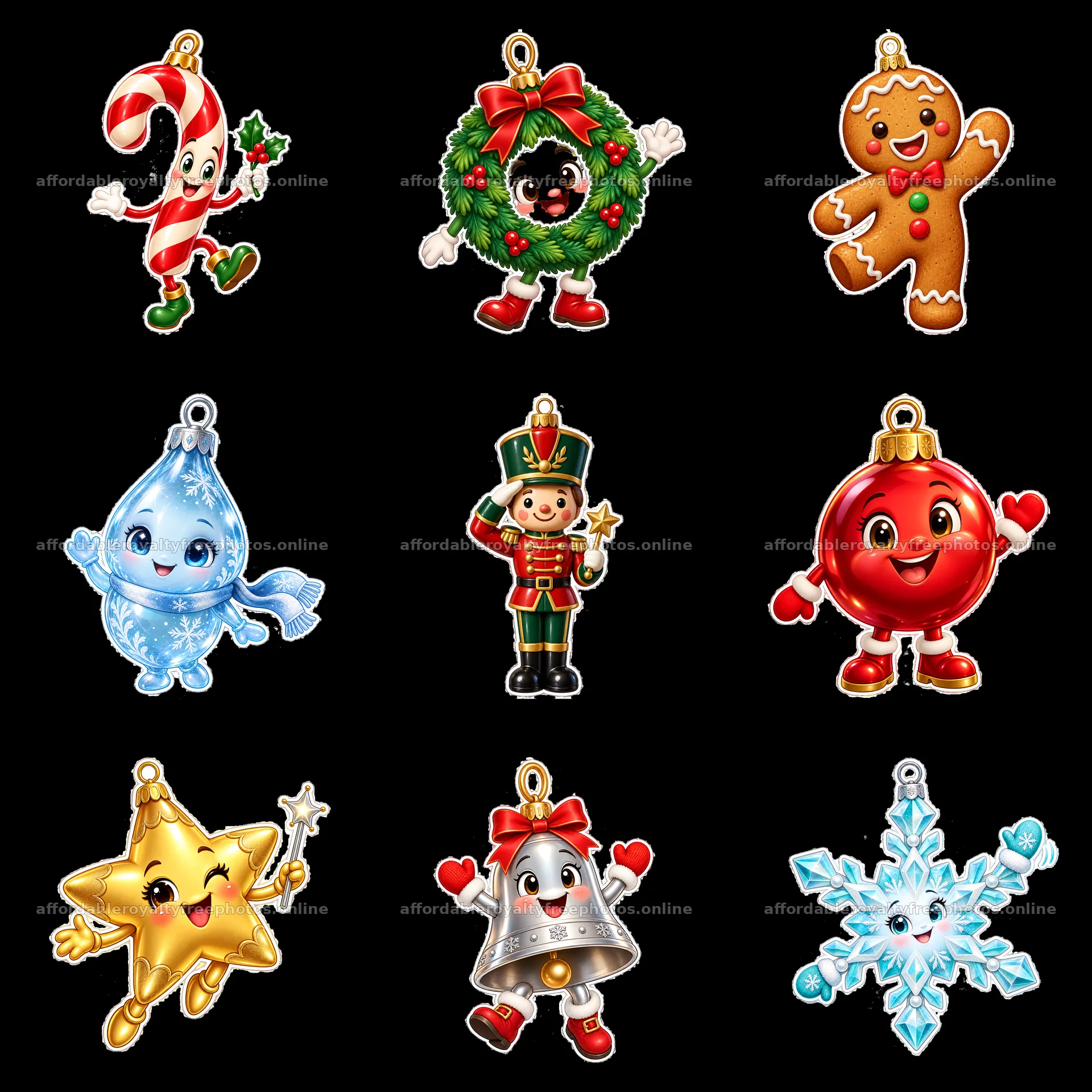 Colorful cartoon Christmas ornaments in a 3x3 layout – royalty-free photos 7746x7746