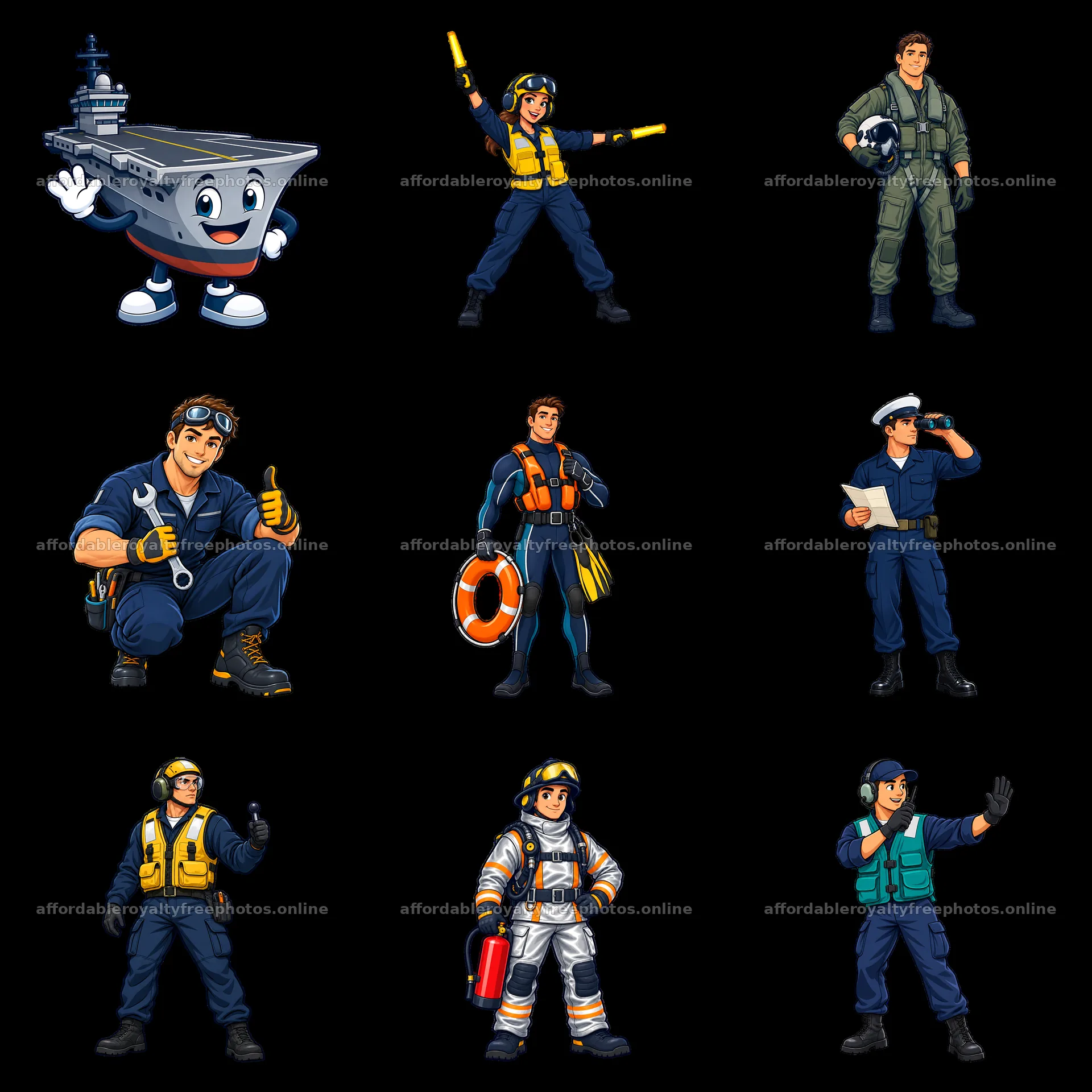 Cartoon stickers of diverse crew members on an aircraft – royalty-free photos 7746x7746