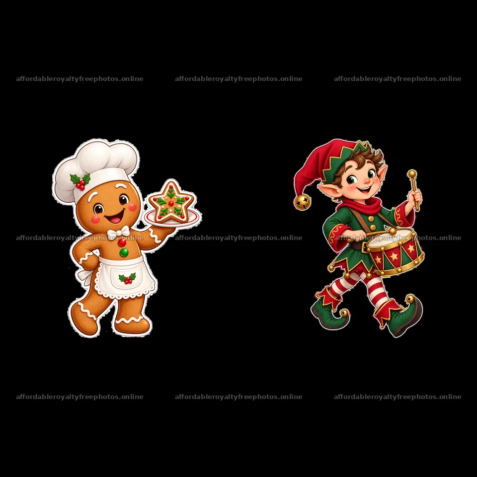 Gingerbread man chef holding star cookie with Christmas elf musician – royalty-free photos 7746x7746