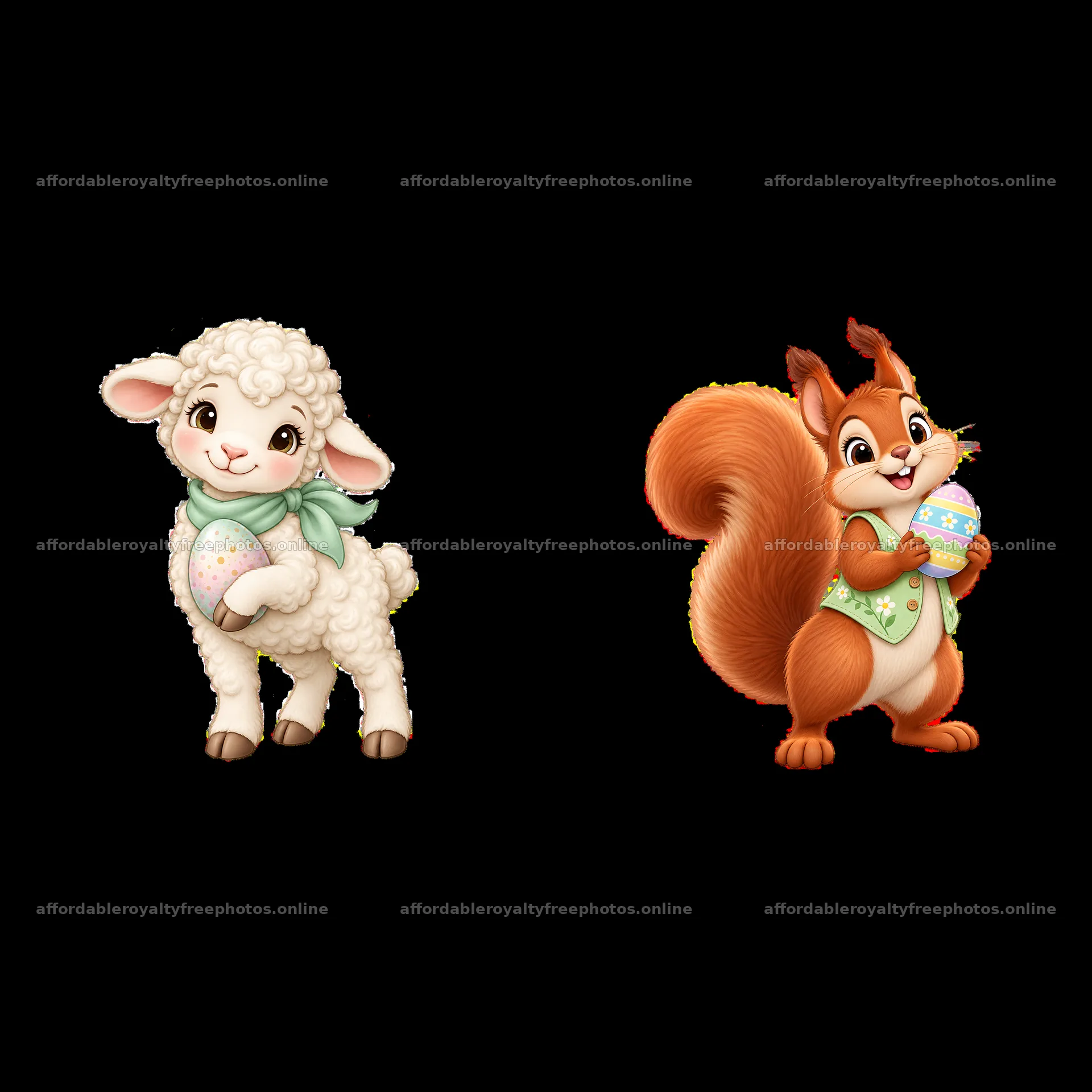 Lamb and squirrel holding Easter eggs in a meadow scene – royalty-free photos 7746x7746