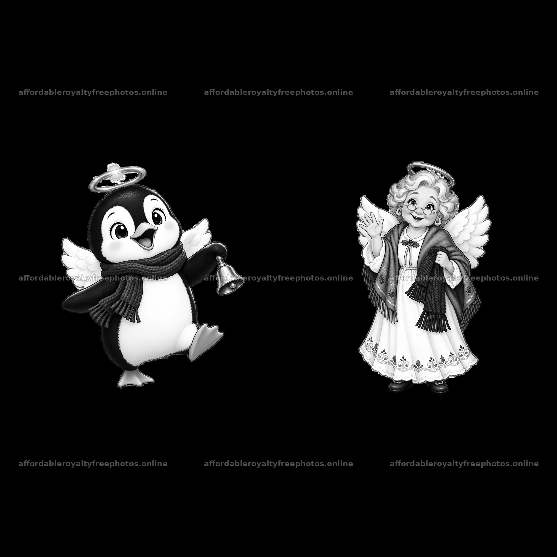 Christmas angel and penguin with bell illustration – royalty-free photos 7746x7746