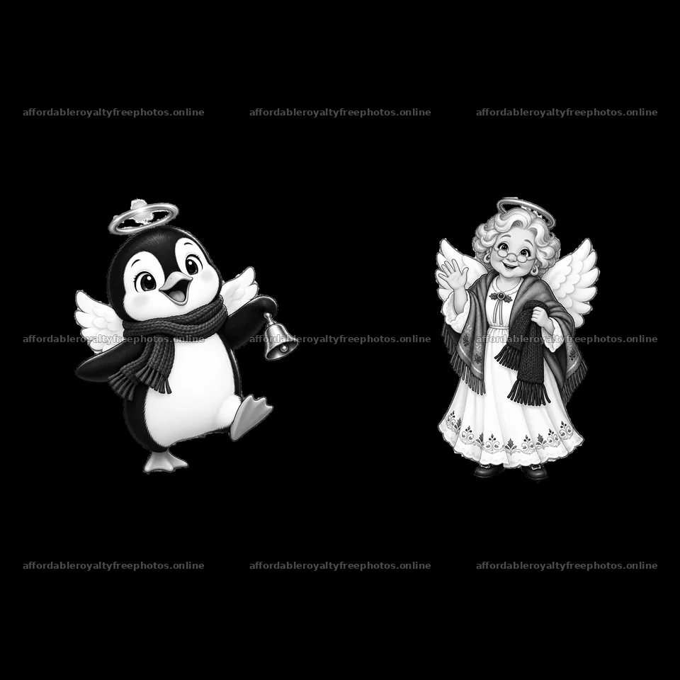 Christmas angel and penguin with bell illustration – royalty-free photos 7746x7746