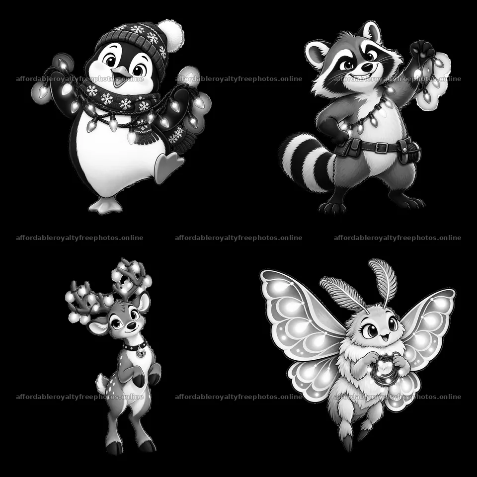 Cartoon characters holding string lights in a 2x2 layout – royalty-free photos 7746x7746