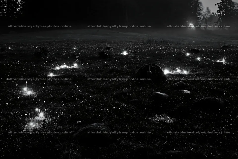 Expansive Christmas meadow with lights and stones in – royalty-free photos 9722x6480