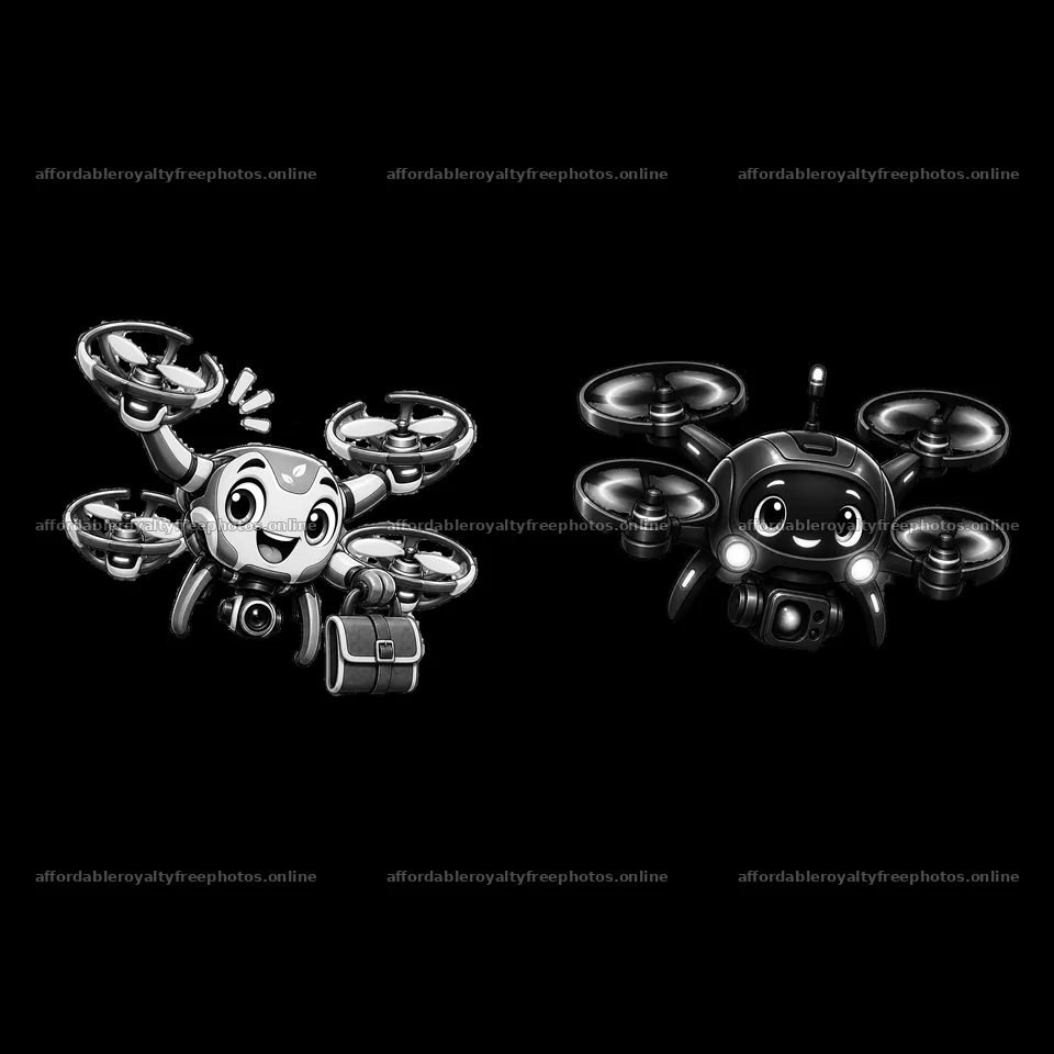 Cartoon drone characters with accessories in a playful – royalty-free photos 7746x7746