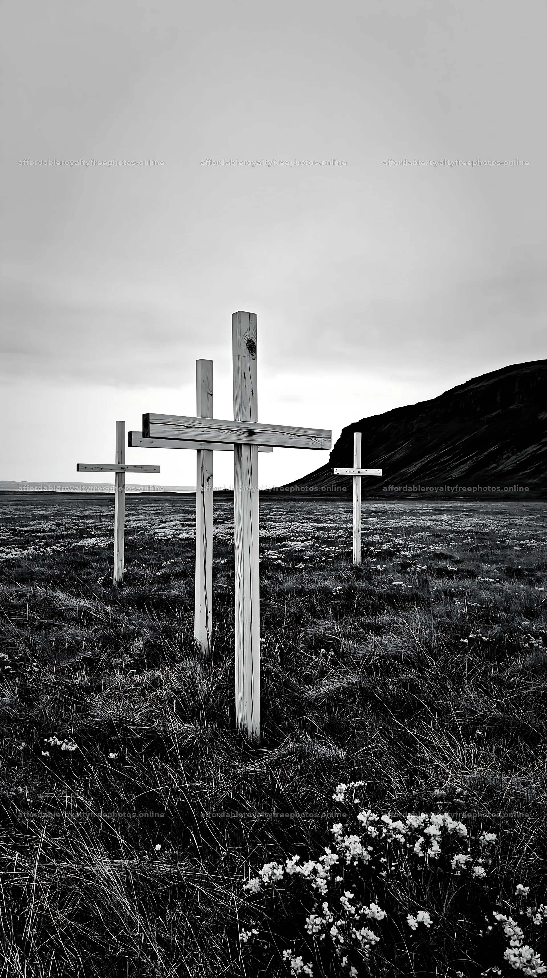 Christian crosses in a field of yellow flowers – royalty-free photos 5938x10608