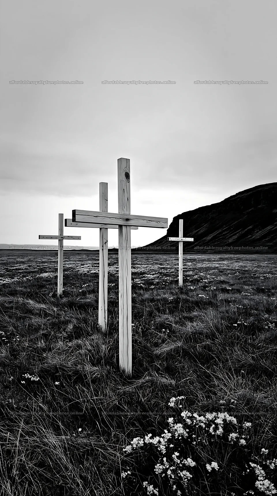 Christian crosses in a field of yellow flowers – royalty-free photos 5938x10608