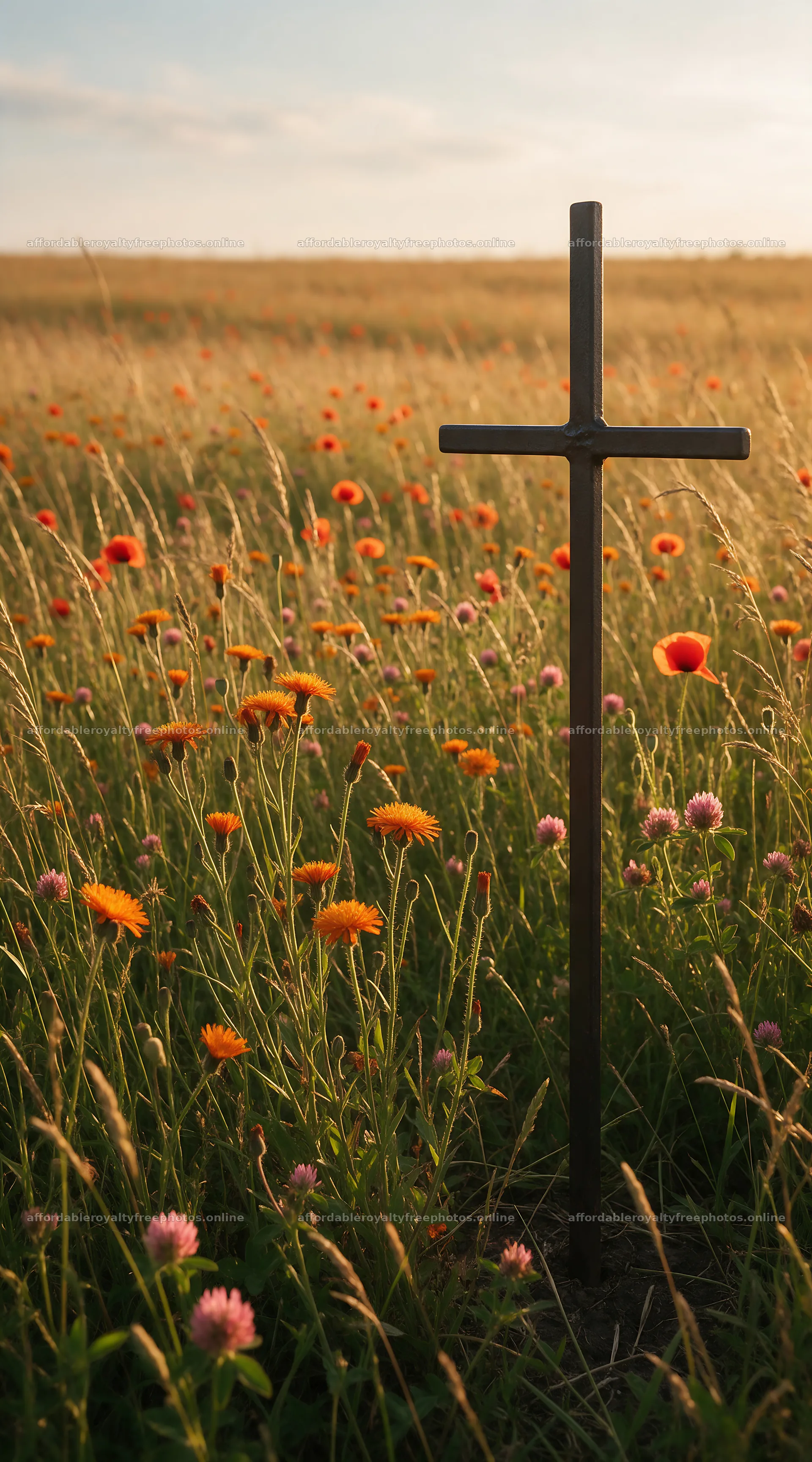Dark Christian cross in summer meadow with wildflowers – royalty-free photos 5916x10648
