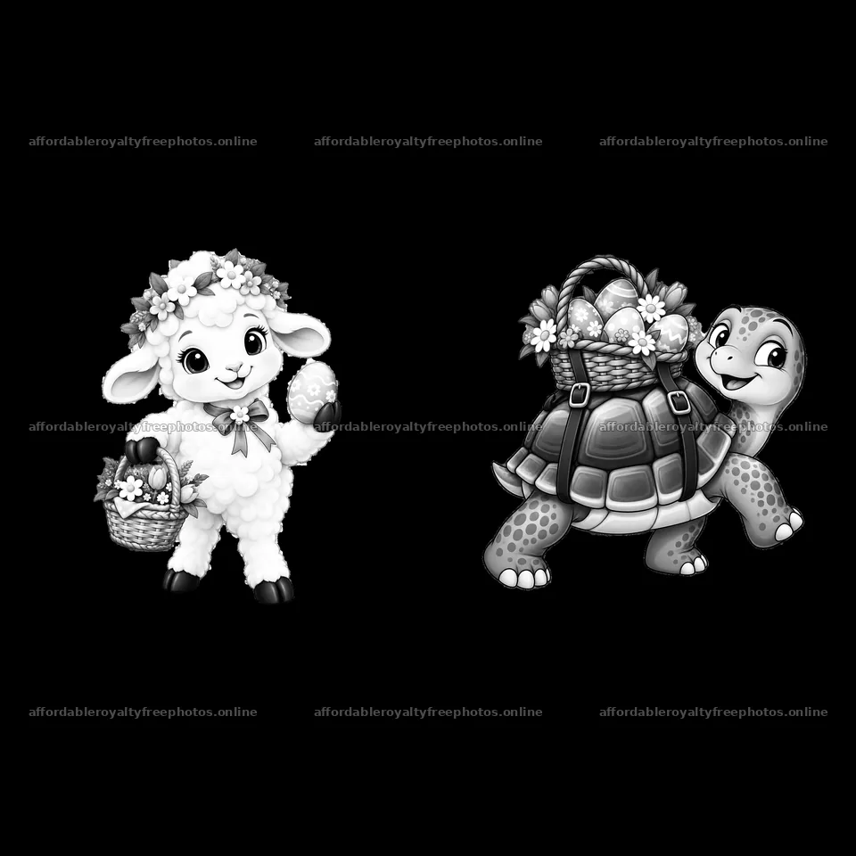 Lamb with basket of eggs and turtle carrying Easter – royalty-free photos 7746x7746