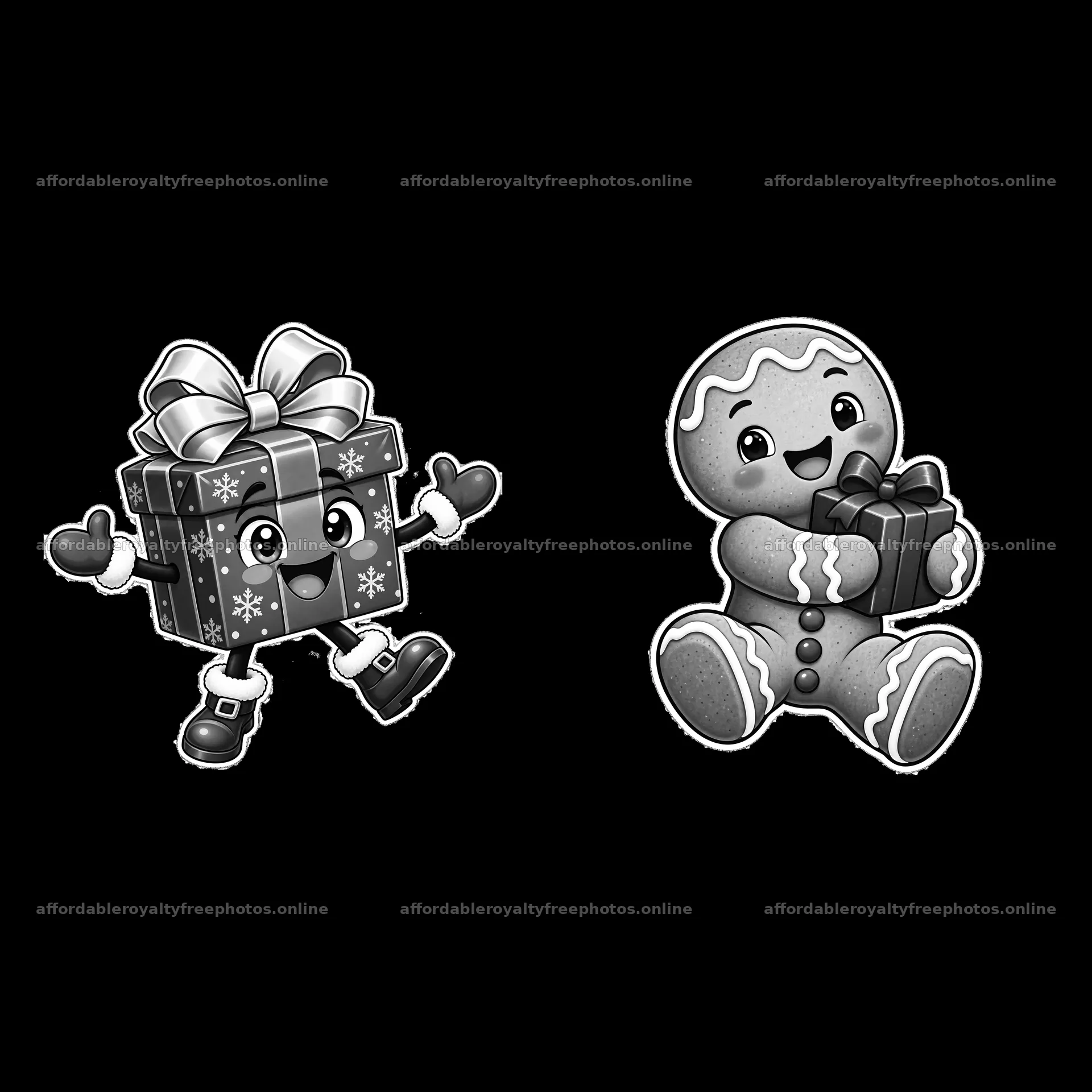 Cheerful cartoon gifts with a present and gingerbread – royalty-free photos 7746x7746