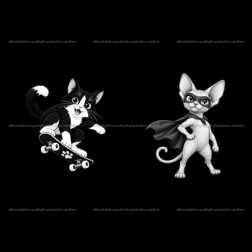 Cartoon cat on skateboard next to superhero cat in cape – royalty-free photos 7746x7746