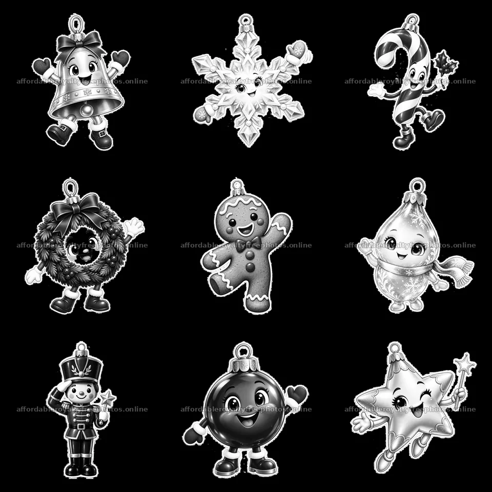 Christmas ornaments featuring cartoon characters in a 3x3 grid – royalty-free photos 7746x7746