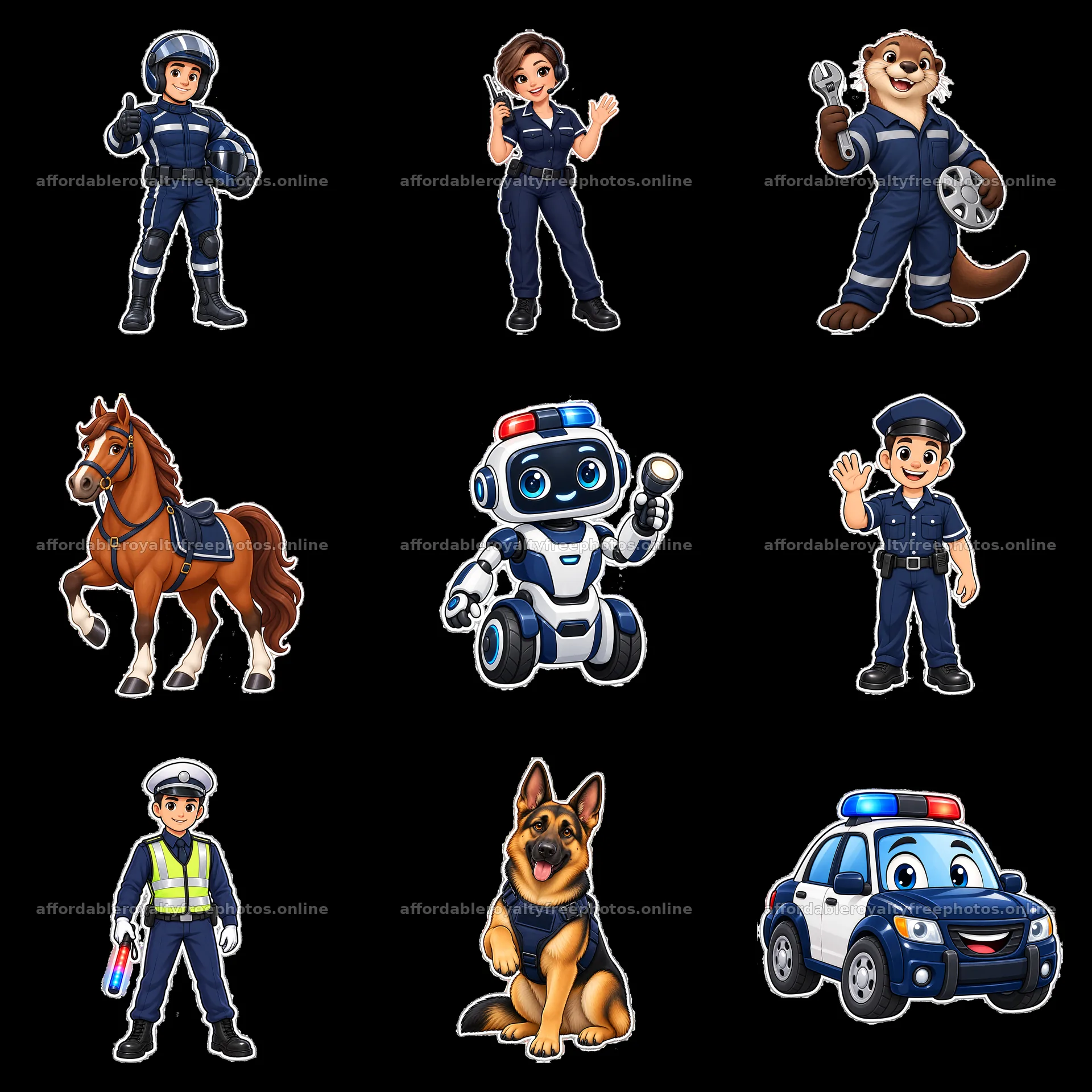 Police characters and vehicles in an engaging 3x3 grid – royalty-free photos 7746x7746