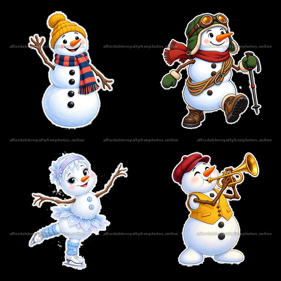 Cheerful snowmen in various outfits and activities in a – royalty-free photos 7746x7746