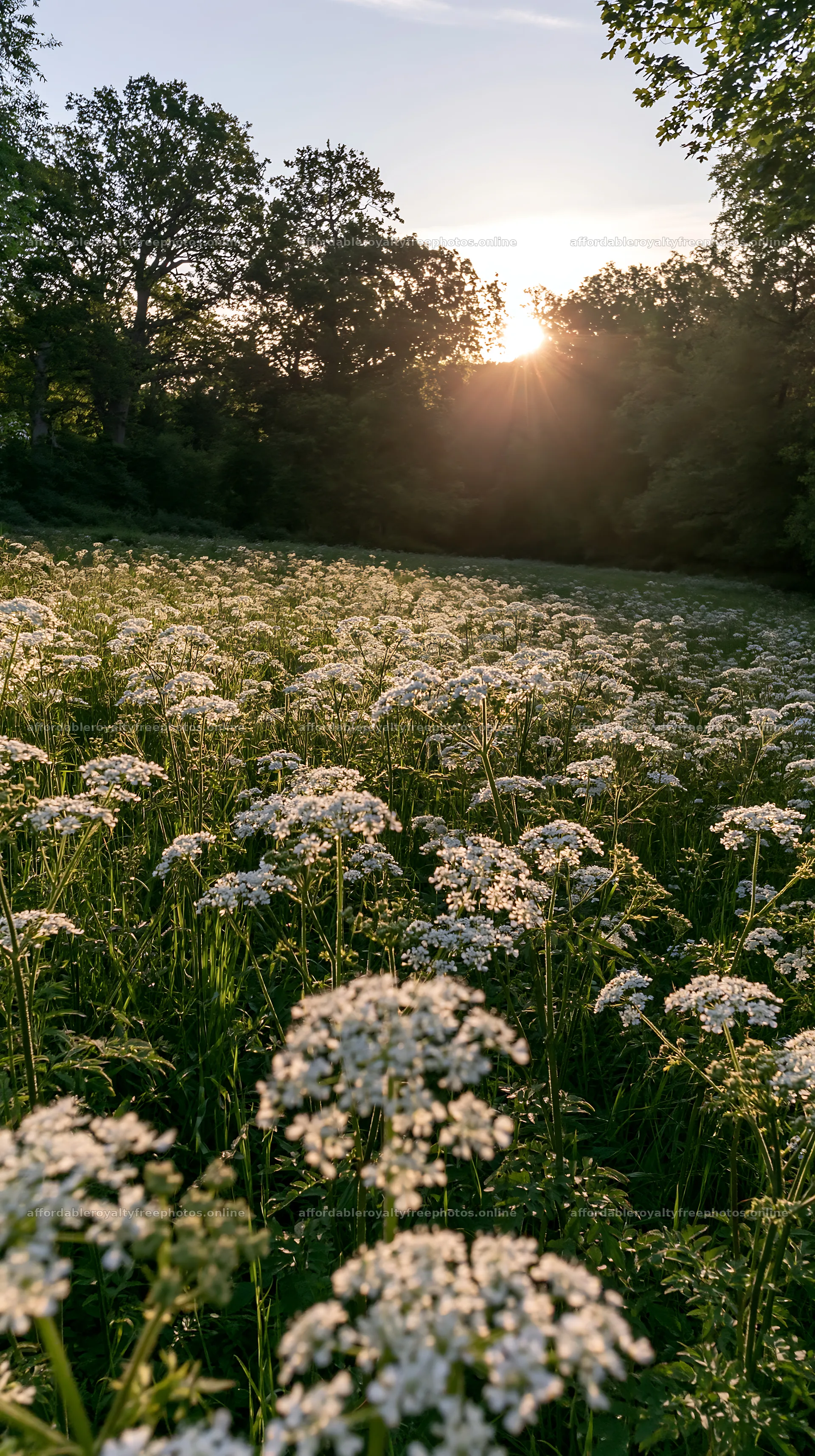 Cow parsley meadow at sunset with sun rays shining – royalty-free photos 5938x10608