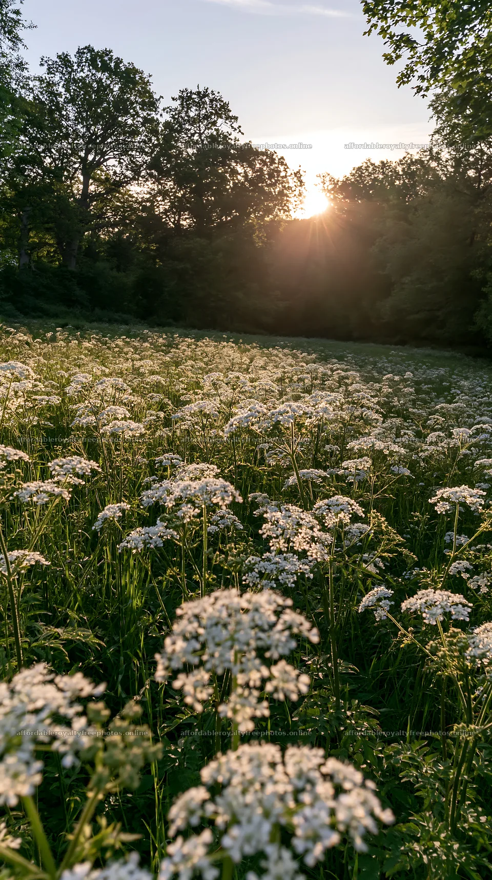 Cow parsley meadow at sunset with sun rays shining – royalty-free photos 5938x10608