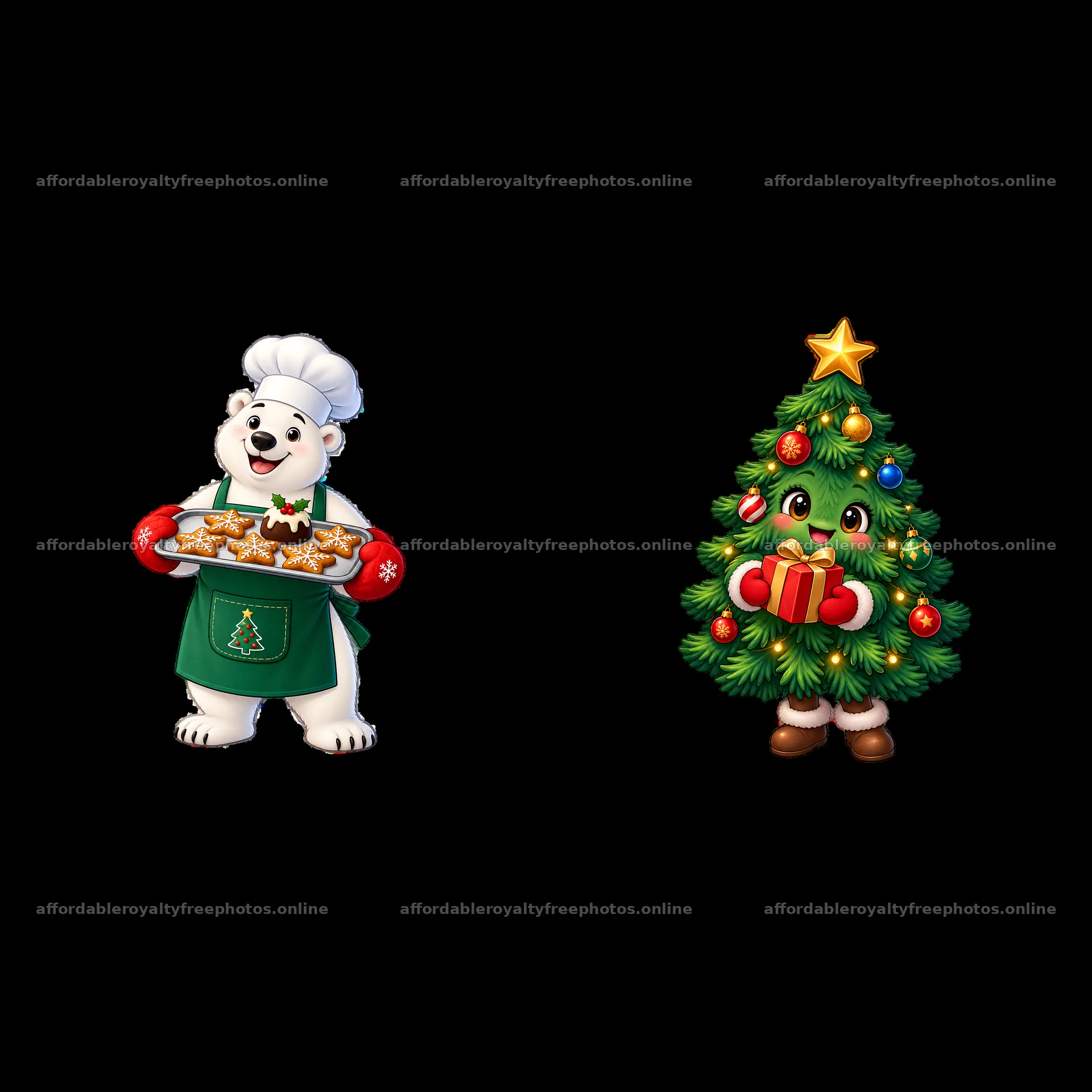 Polar bear chef and cute Christmas tree with gifts – royalty-free photos 7746x7746