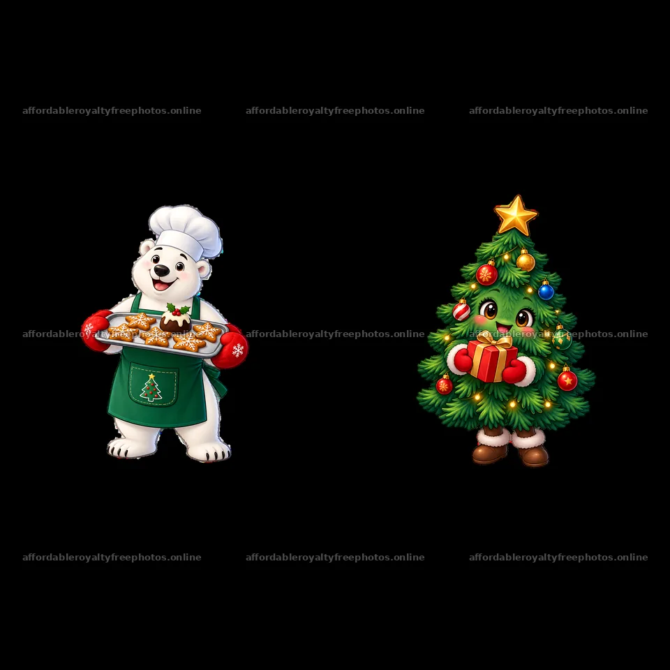 Polar bear chef and cute Christmas tree with gifts – royalty-free photos 7746x7746