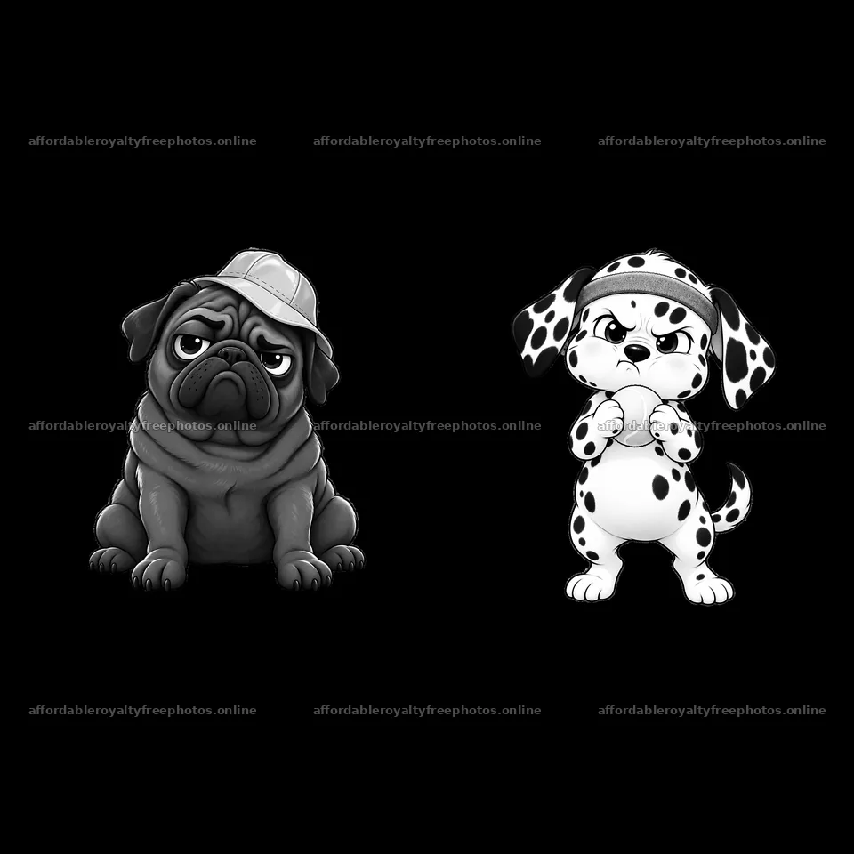 Grumpy pug and dalmatian dog cartoon sticker pair – royalty-free photos 7746x7746