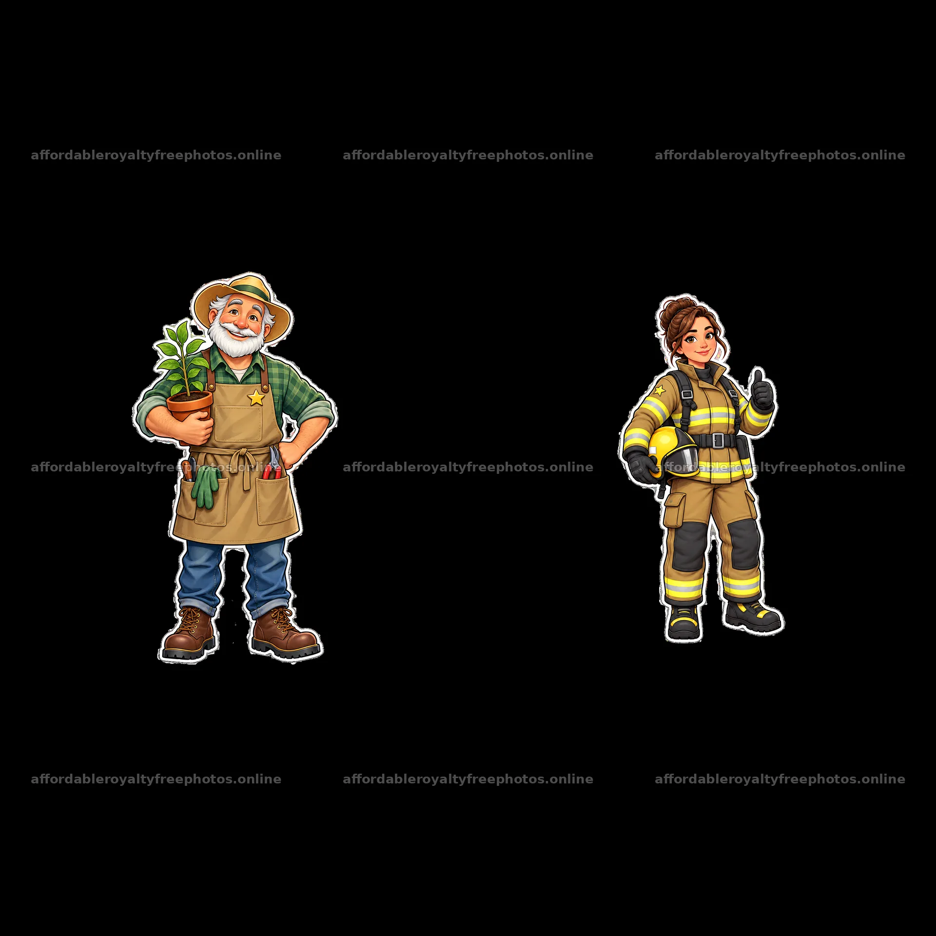 Garden worker and firefighter cartoon characters in a – royalty-free photos 7746x7746