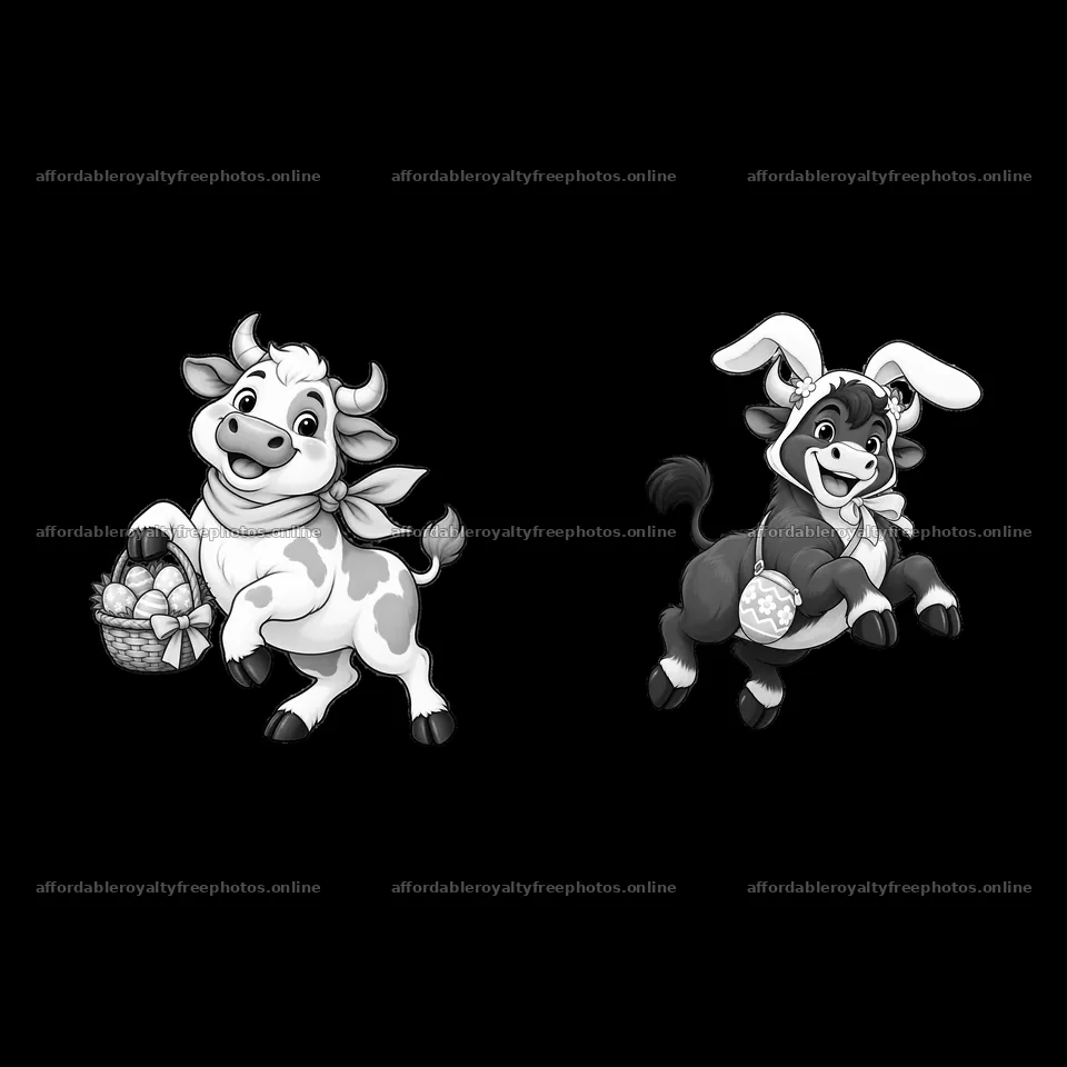 Easter ox characters with basket and egg in black and – royalty-free photos 7746x7746