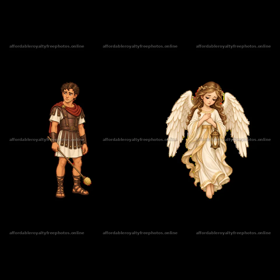 Jesus depicted with a soldier and an angel in cartoon – royalty-free photos 7746x7746