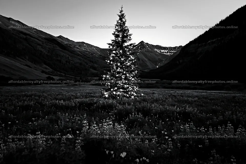 Christmas tree in mountain valley meadow at dusk – royalty-free photos 9722x6480