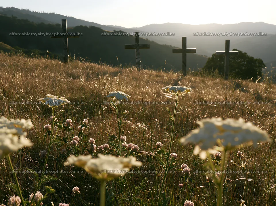 Three Christian crosses in quiet meadow during sunset – royalty-free photos 9174x6866