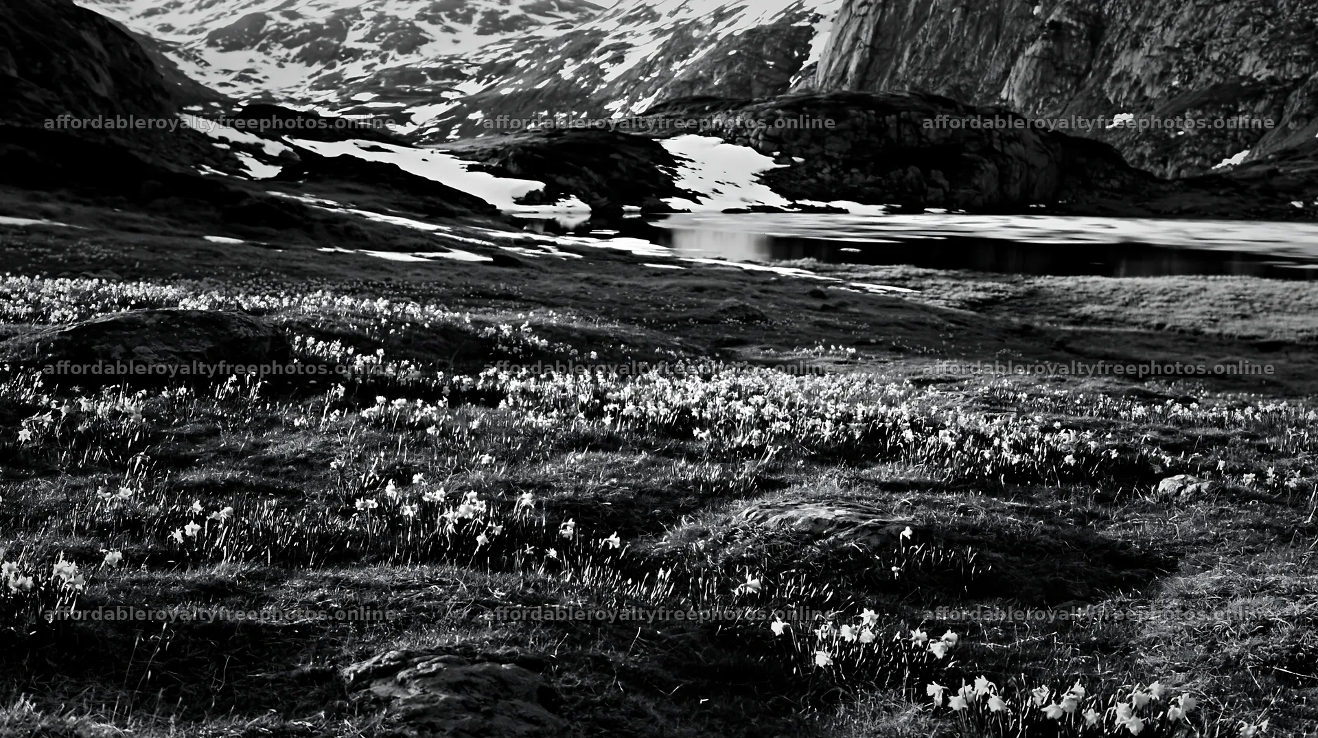 Frozen tarn meadow with flowers and snow-capped mountains – royalty-free photos 10608x5938