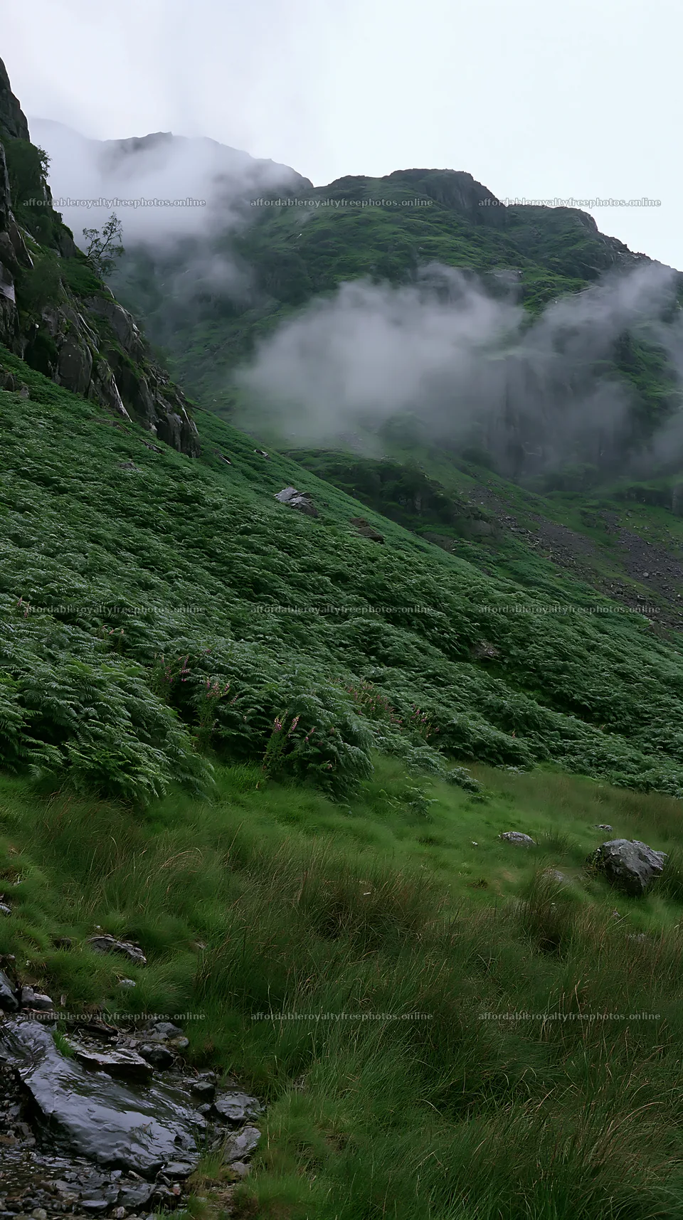 Meadow under crags with clouds in the highlands – royalty-free photos 5938x10608