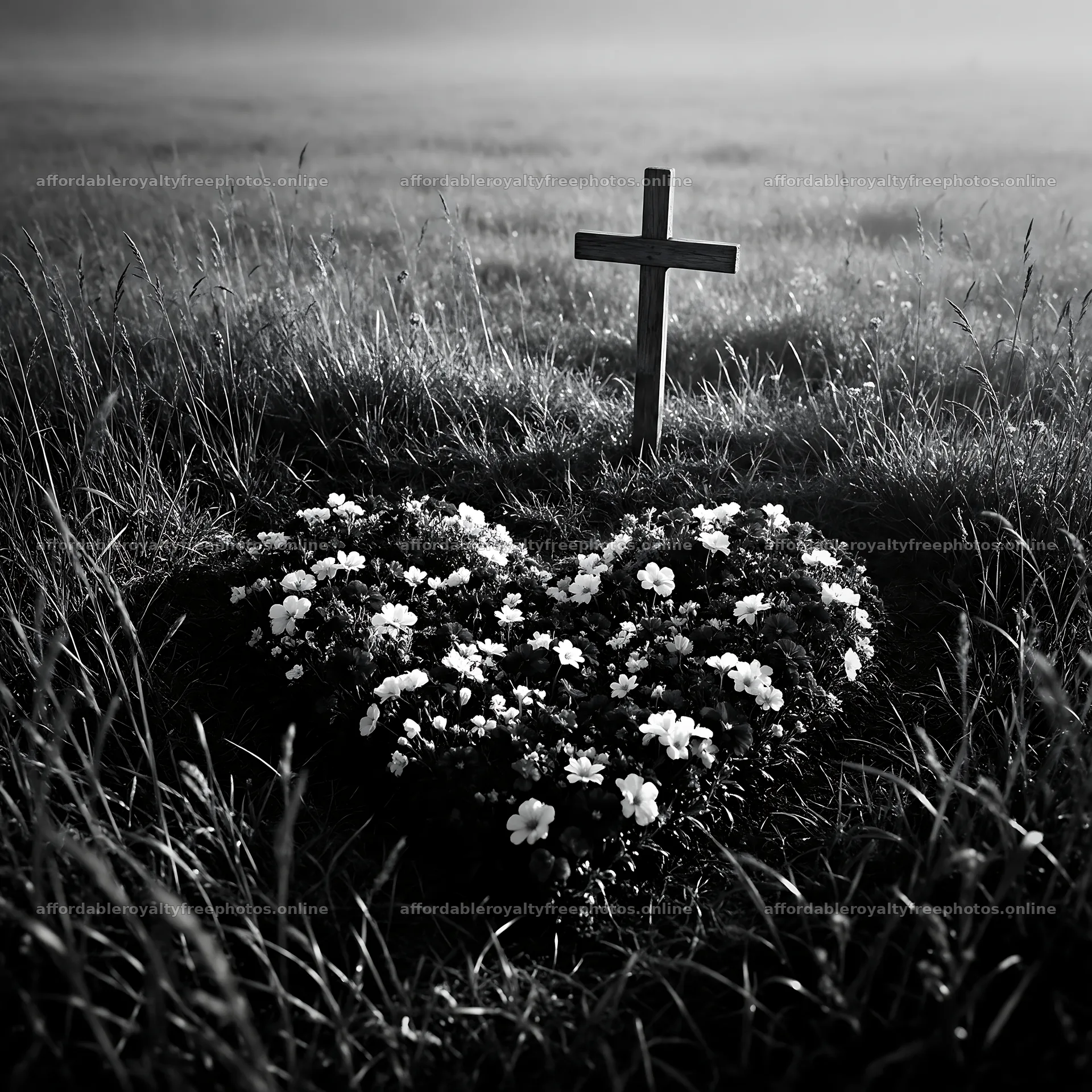 Weathered Christian cross in misty meadow with flowers – royalty-free photos 7938x7938