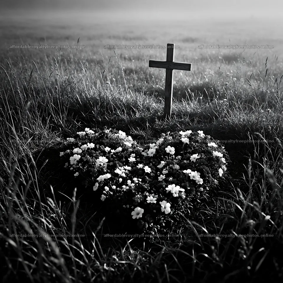 Weathered Christian cross in misty meadow with flowers – royalty-free photos 7938x7938