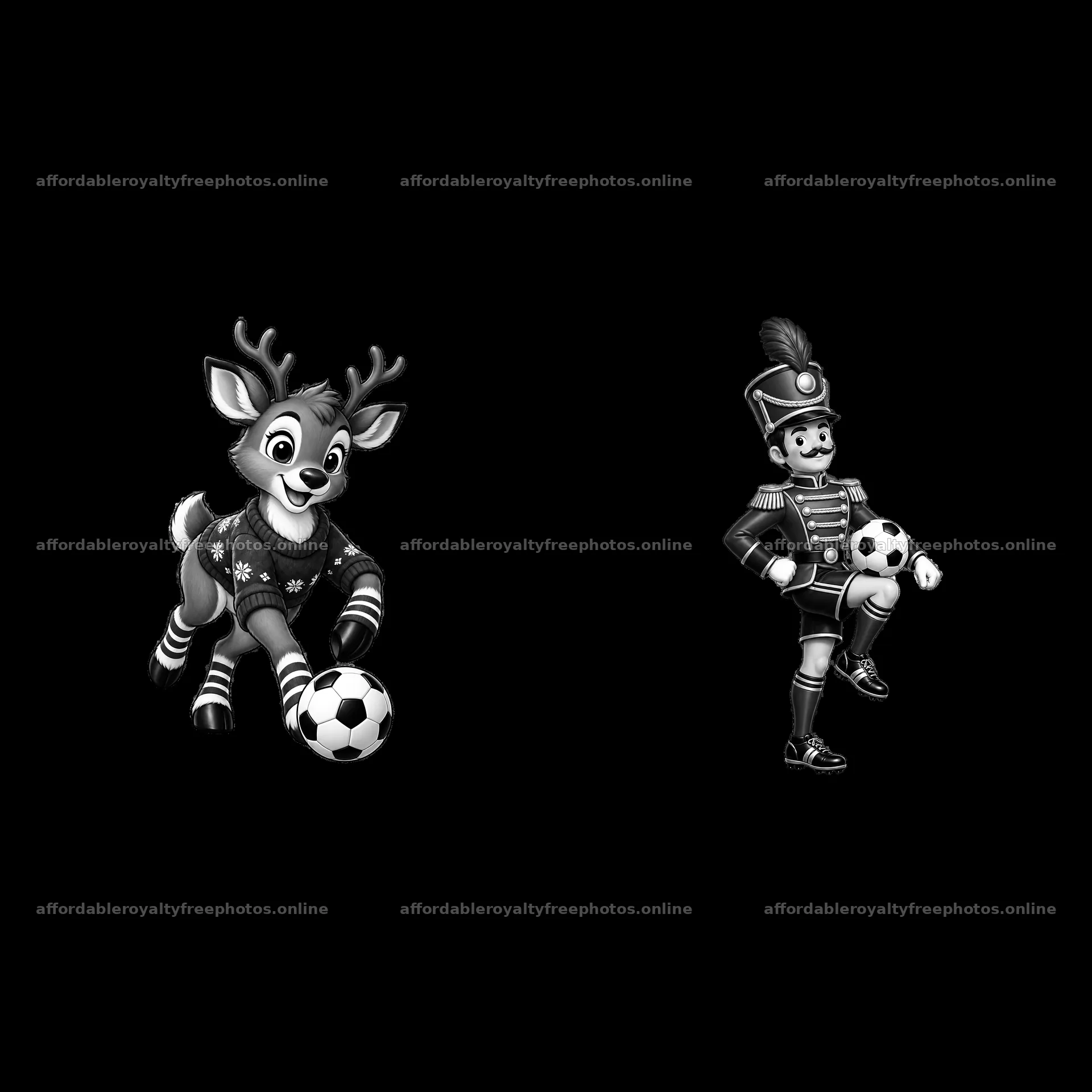 Christmas soccer with a reindeer and a soldier character – royalty-free photos 7746x7746