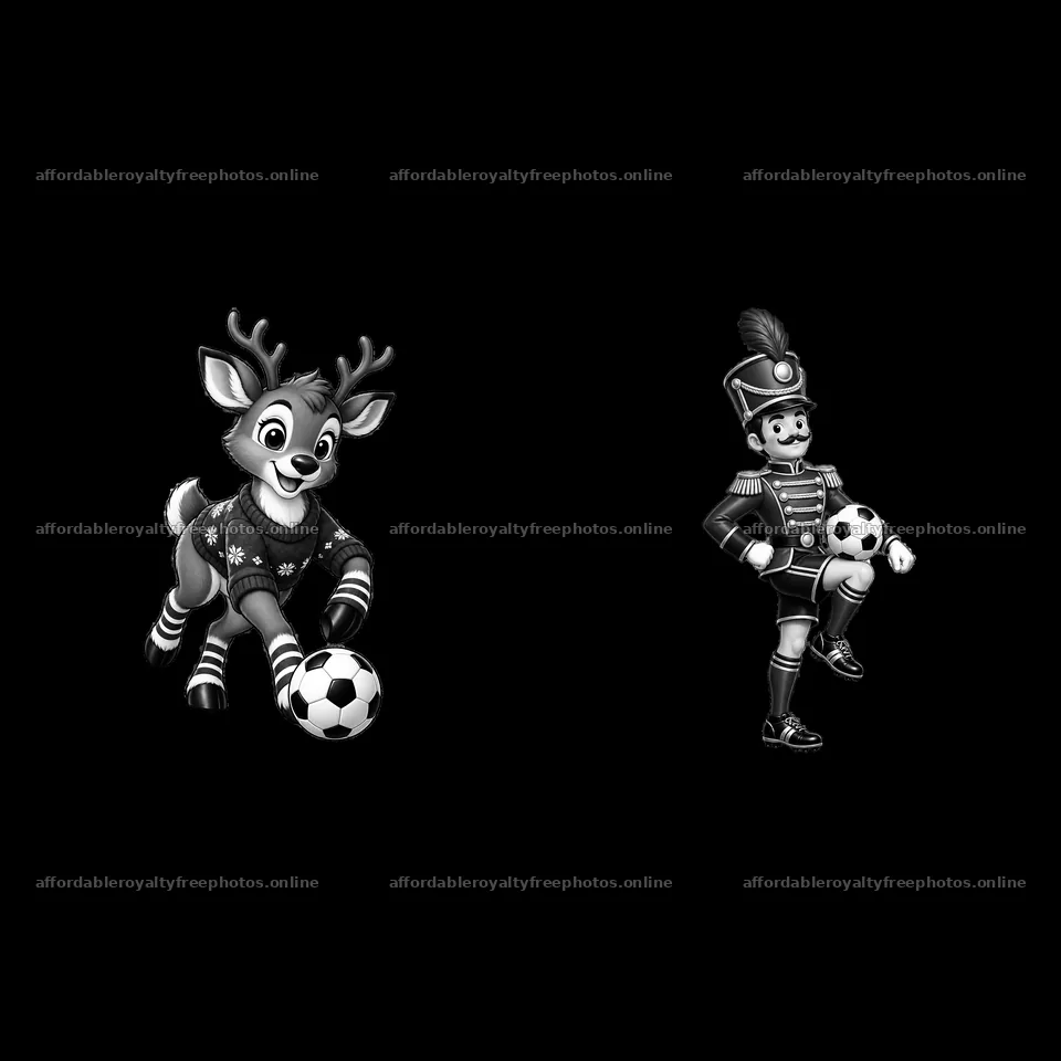Christmas soccer with a reindeer and a soldier character – royalty-free photos 7746x7746