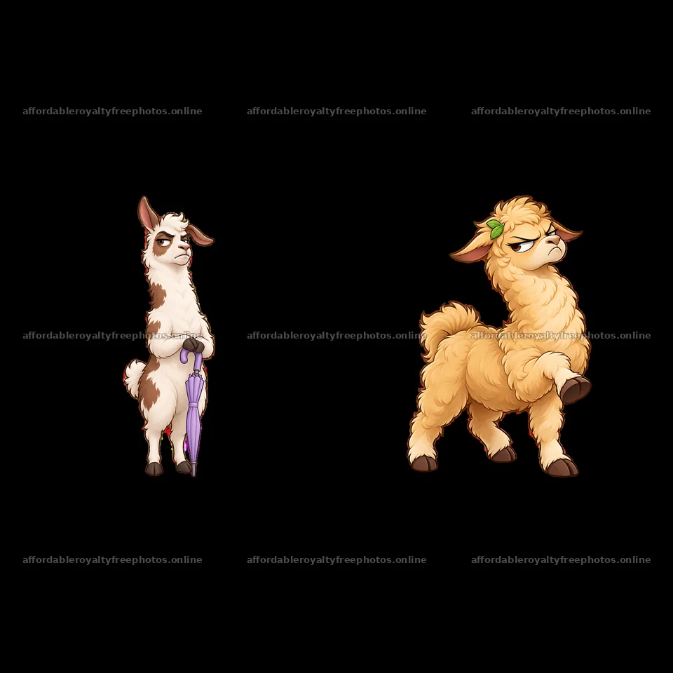 Grumpy llama cartoon sticker with purple umbrella and – royalty-free photos 7746x7746