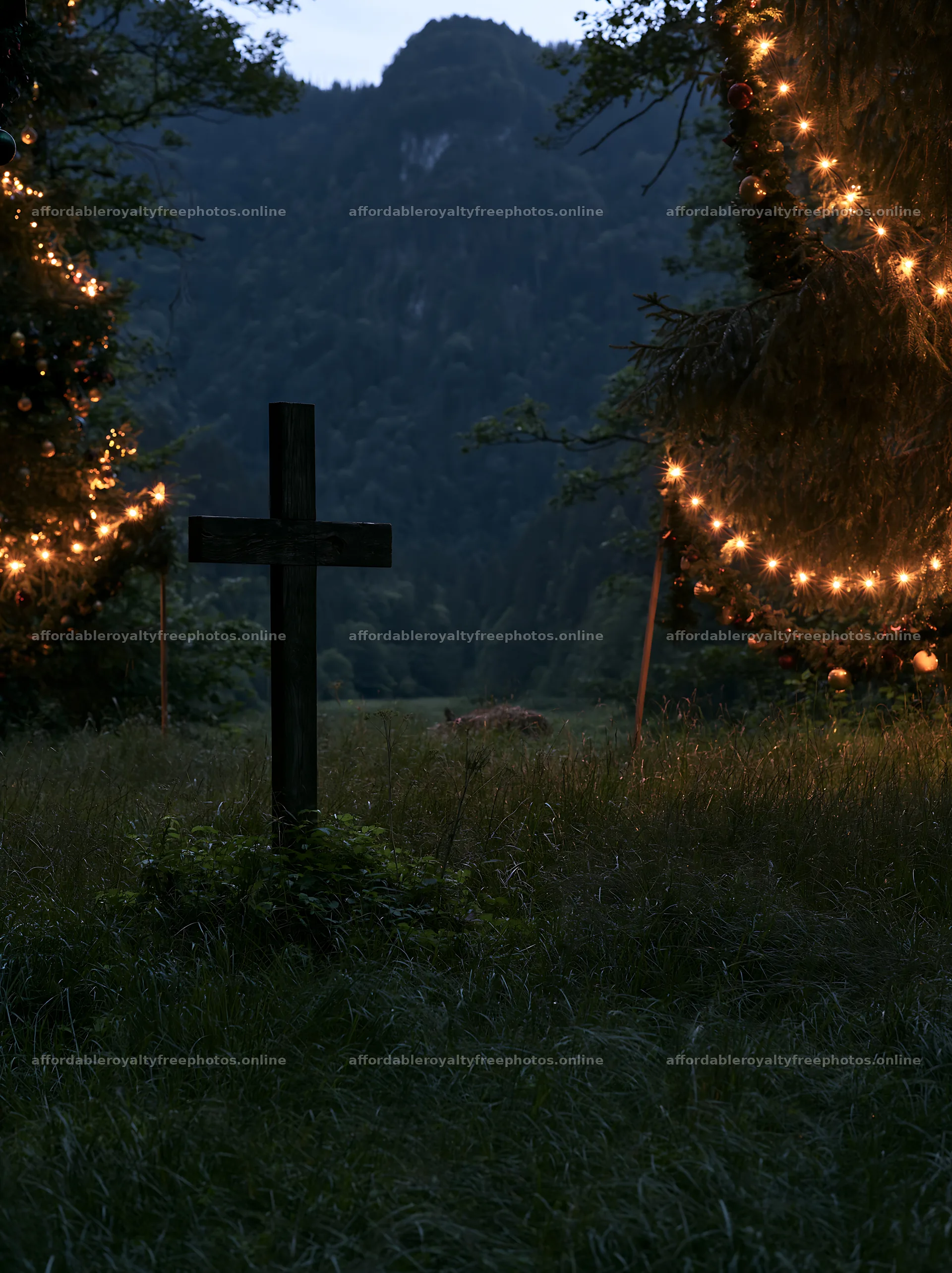 Wooden Christian cross in mountain meadow at dusk – royalty-free photos 6866x9174