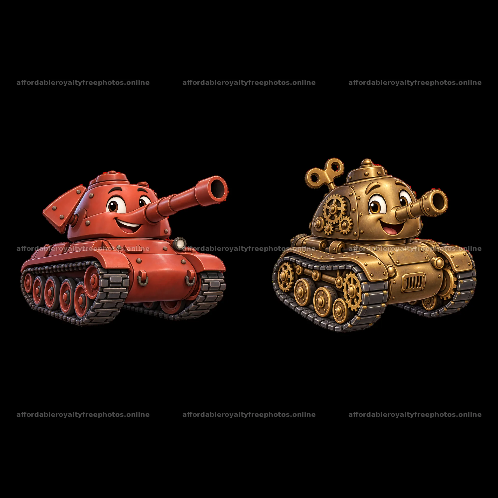 Cartoon tanks in red and gold with happy expressions – royalty-free photos 7746x7746