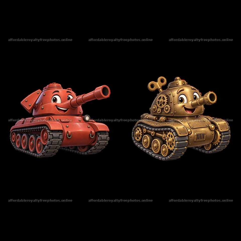 Cartoon tanks in red and gold with happy expressions – royalty-free photos 7746x7746