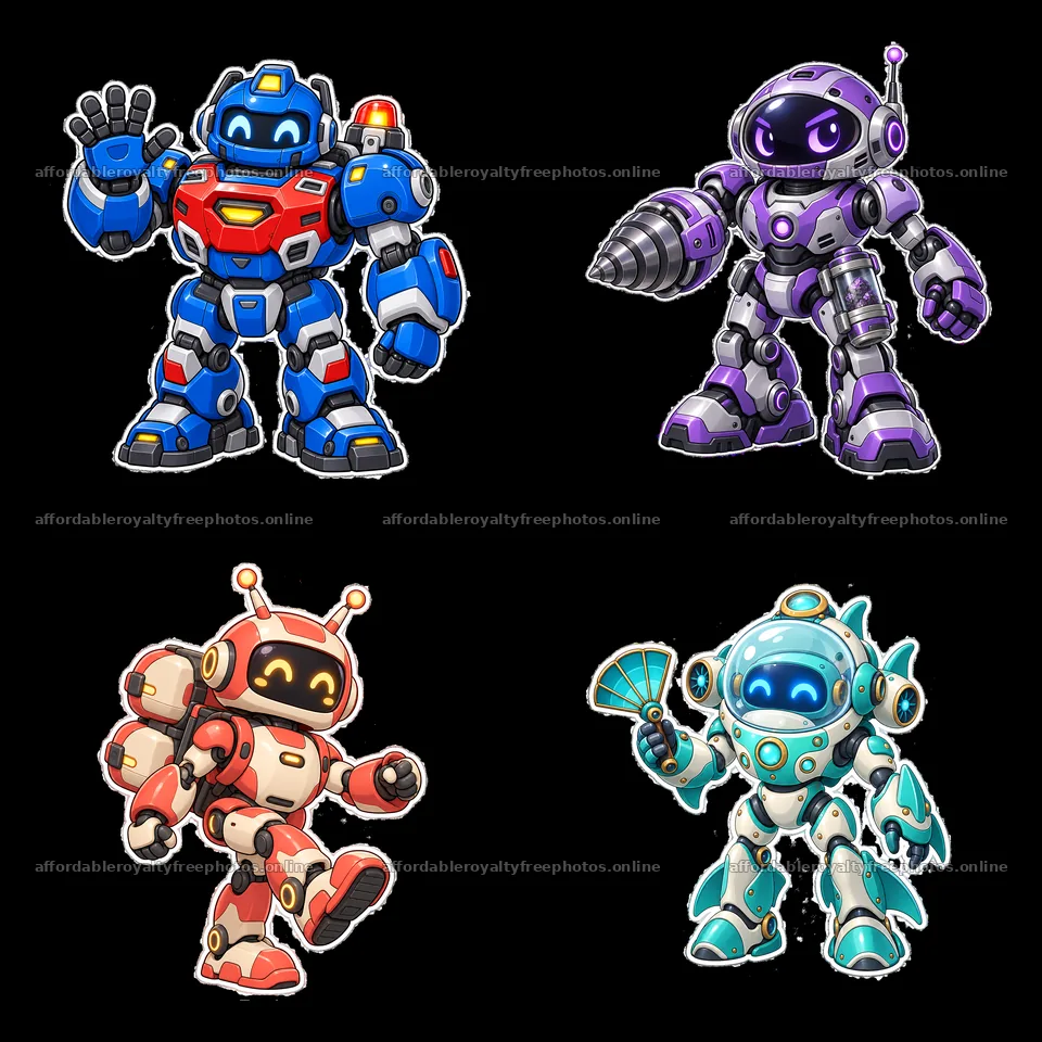 Cartoon mech robots in colorful designs in a 2x2 layout – royalty-free photos 7746x7746