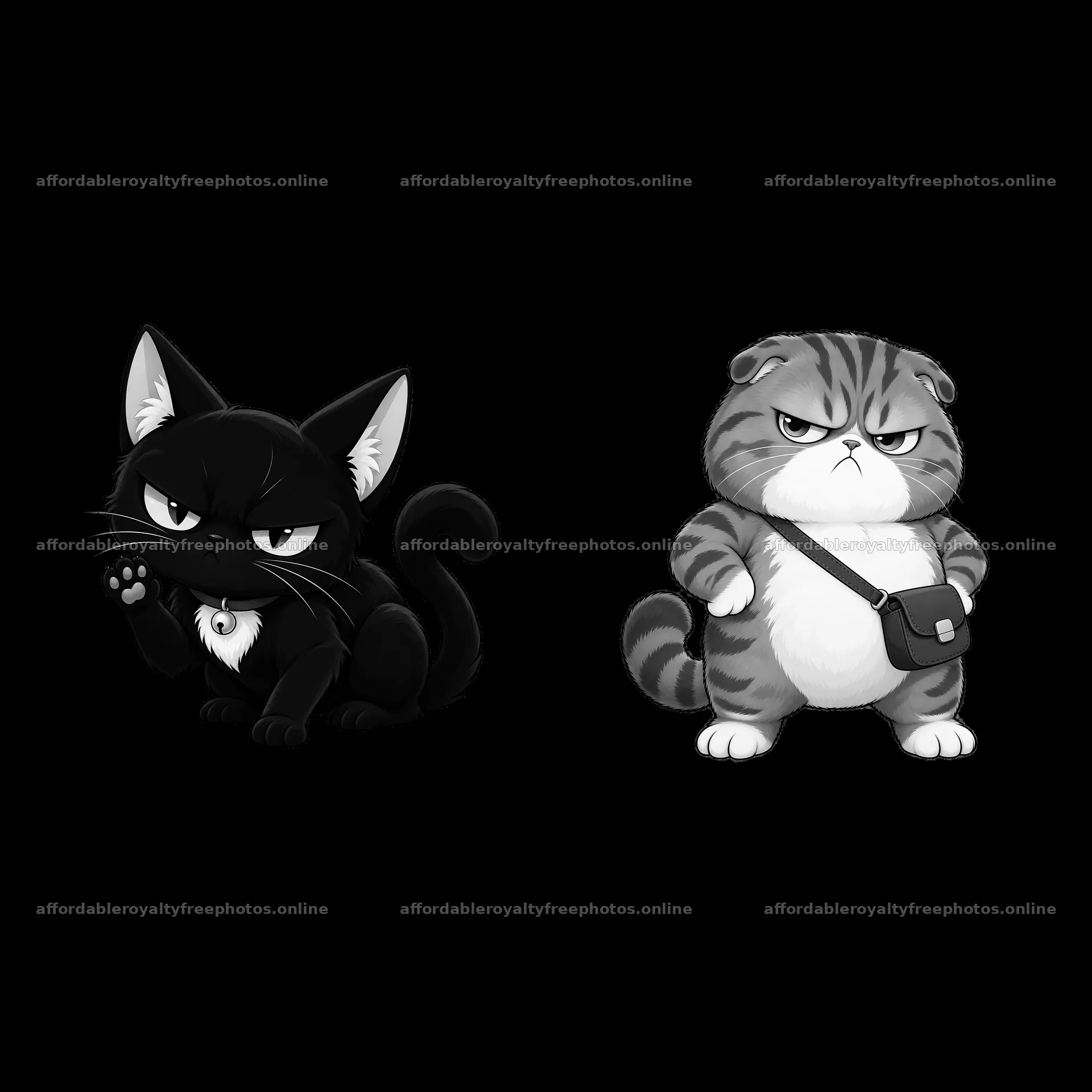 Grumpy cat sticker pair showing a black cat and a gray – royalty-free photos 7746x7746