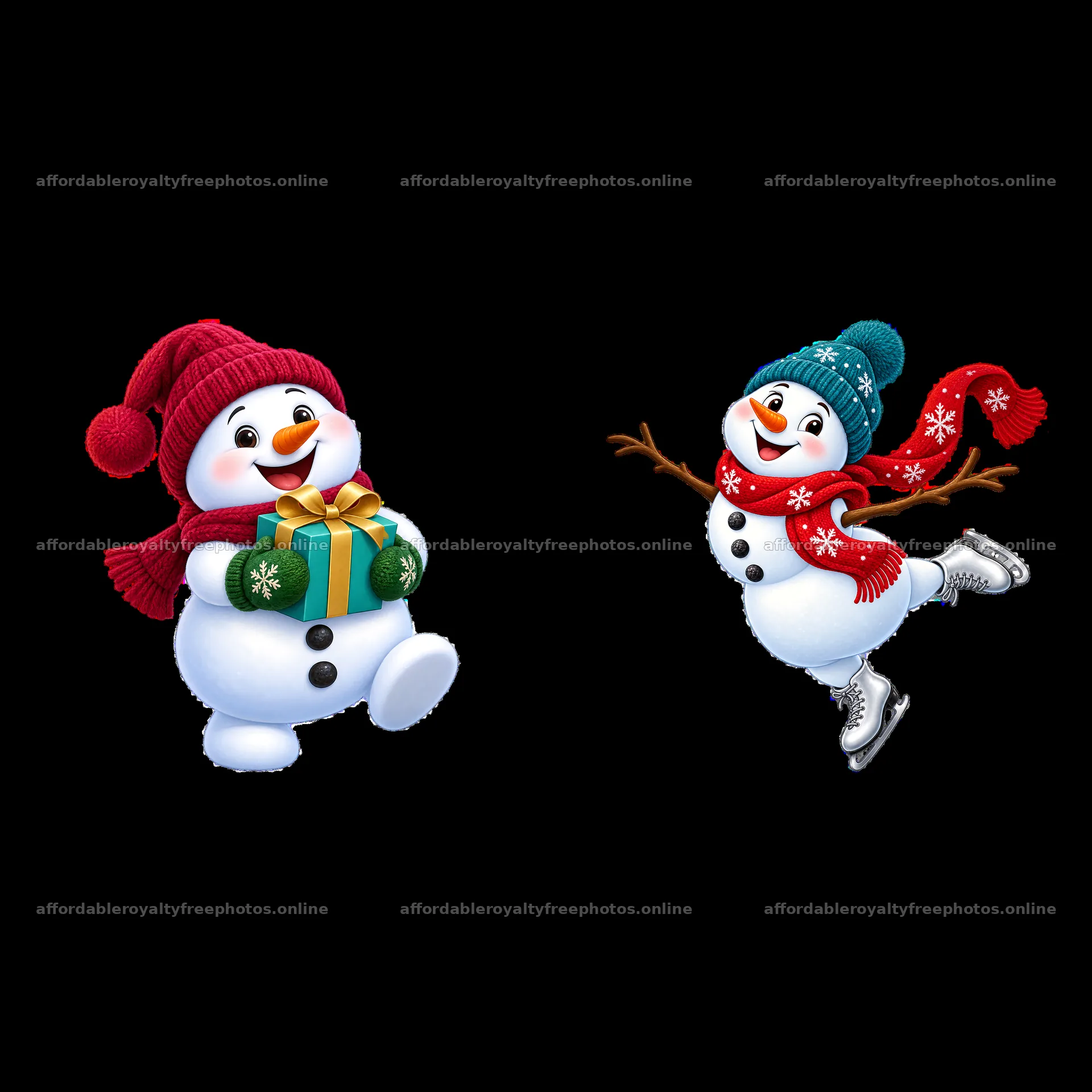 Two cheerful snowmen with presents and skating gear for – royalty-free photos 7746x7746