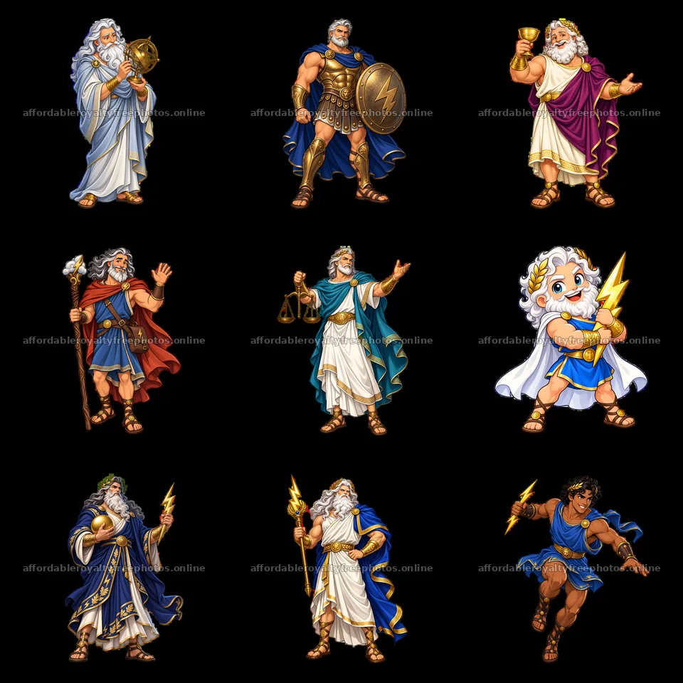Zeus in various forms holding symbols of power and – royalty-free photos 7746x7746
