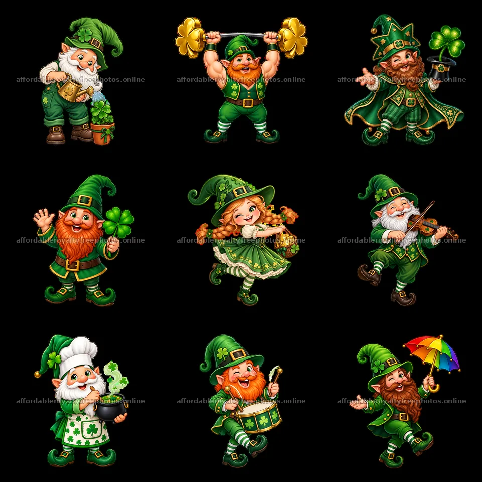 Nine gnome characters celebrate St – royalty-free photos 7746x7746