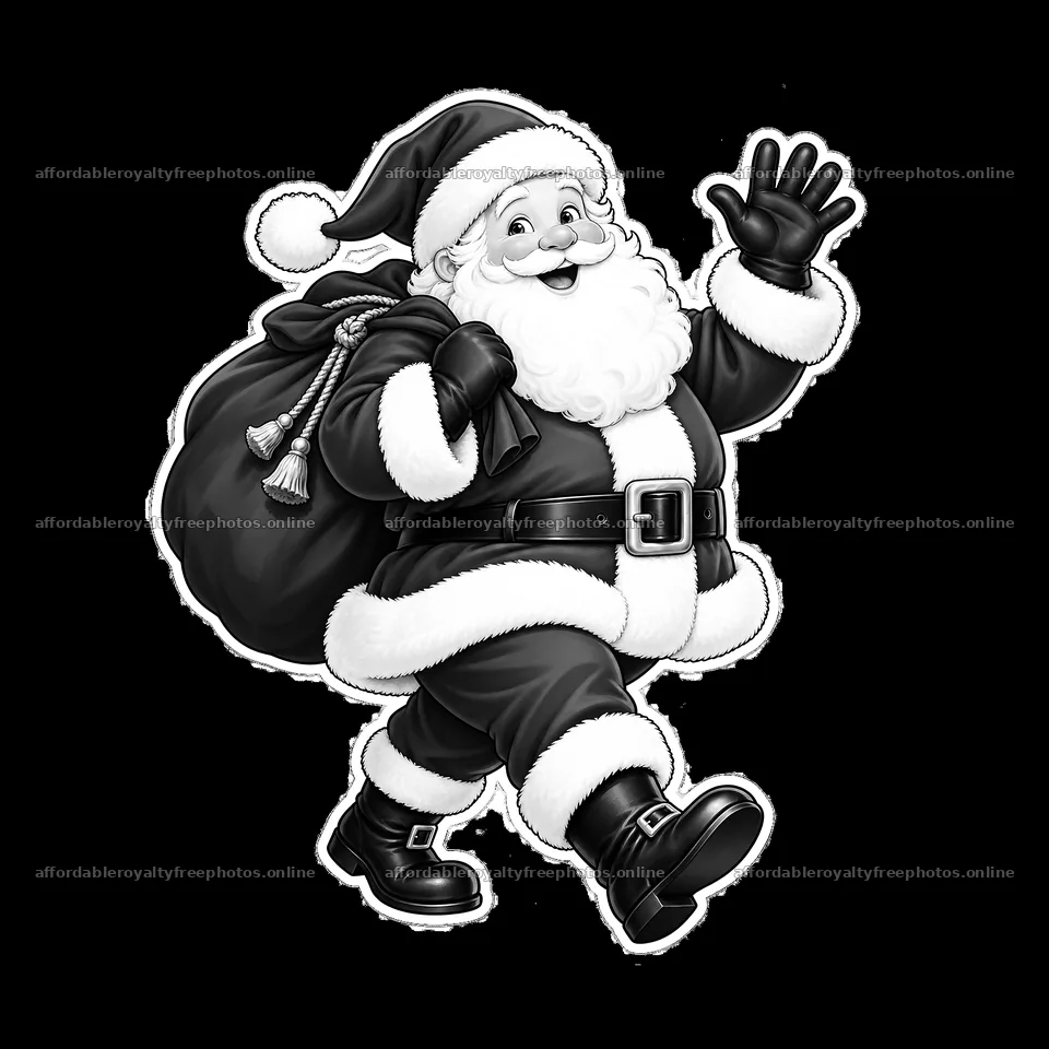 Santa Claus walking and waving with a large sack in hand – royalty-free photos 7746x7746