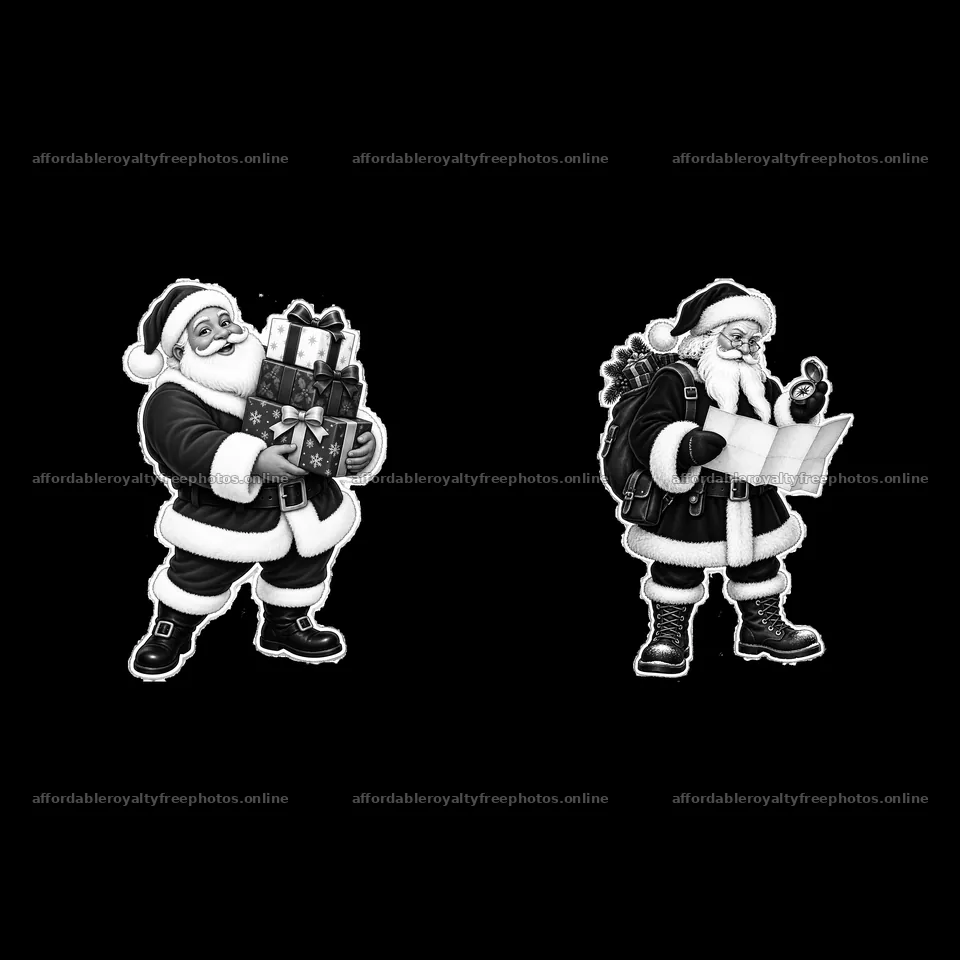 Santa Claus with gifts and Santa checking a map – royalty-free photos 7746x7746