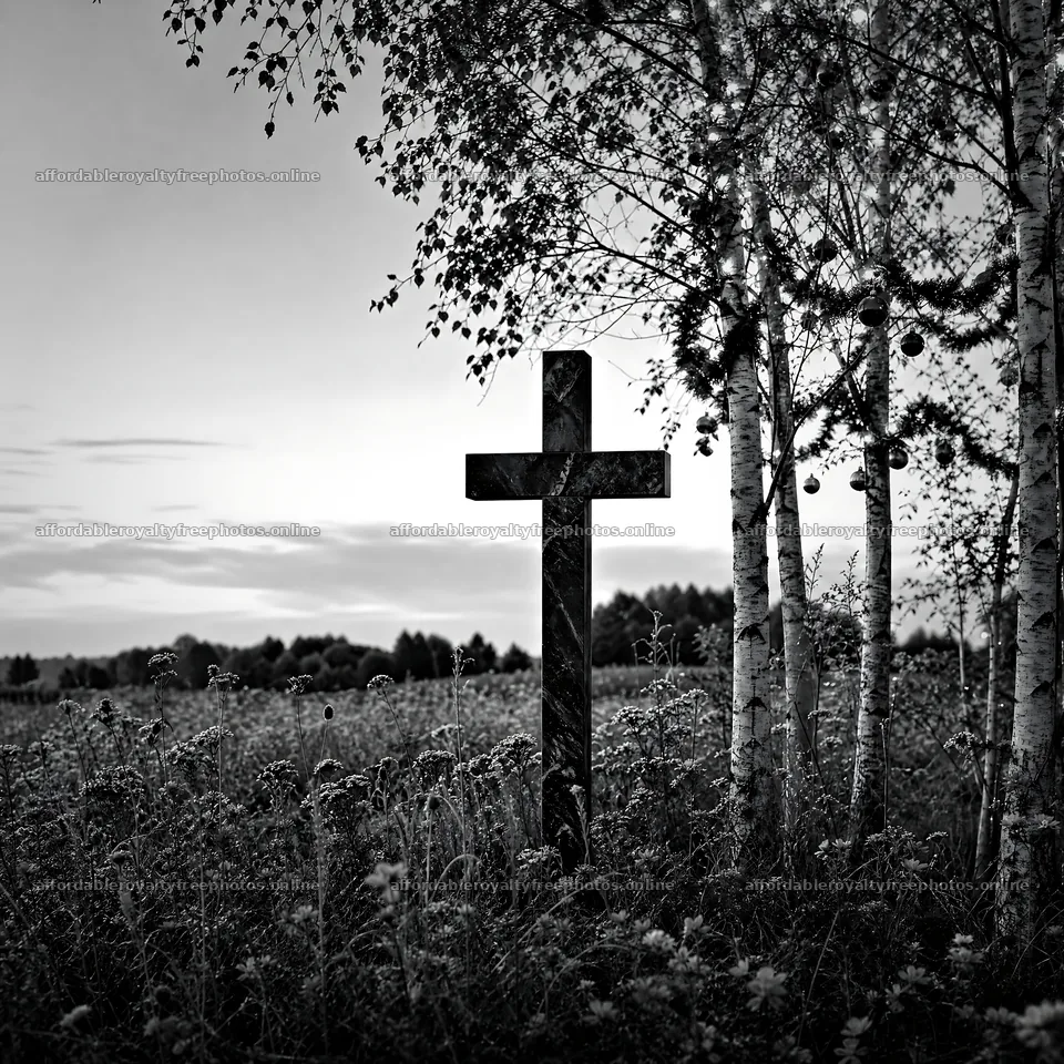 Marble Christian cross in quiet meadow surrounded by – royalty-free photos 7938x7938