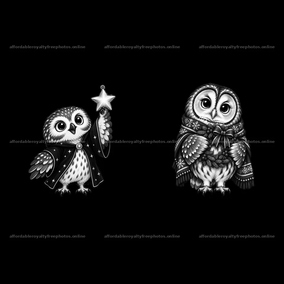 Christmas owls in festive attire holding a star and gift – royalty-free photos 7746x7746