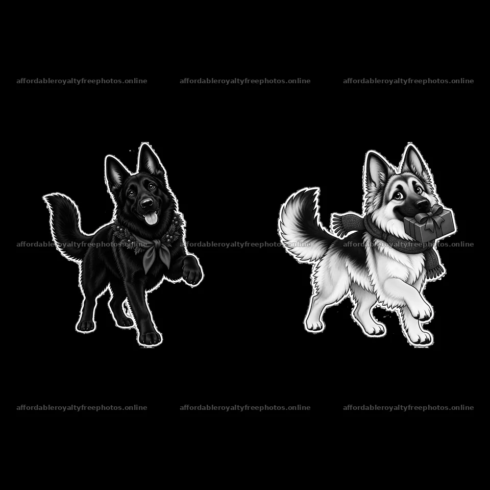 Christmas german shepherds with gifts in black and white – royalty-free photos 7746x7746