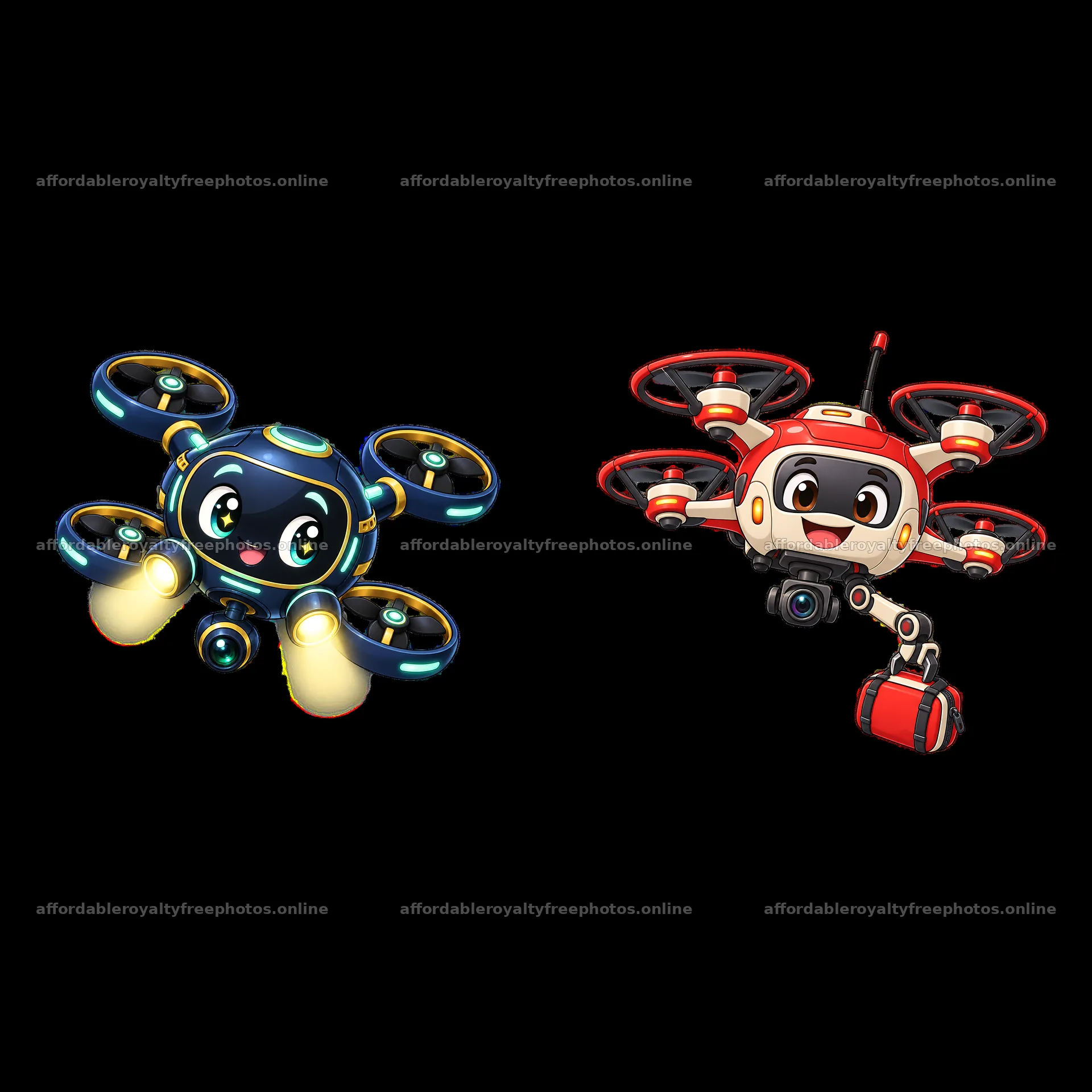 Cartoon drones with joyful expressions and fun – royalty-free photos 7746x7746